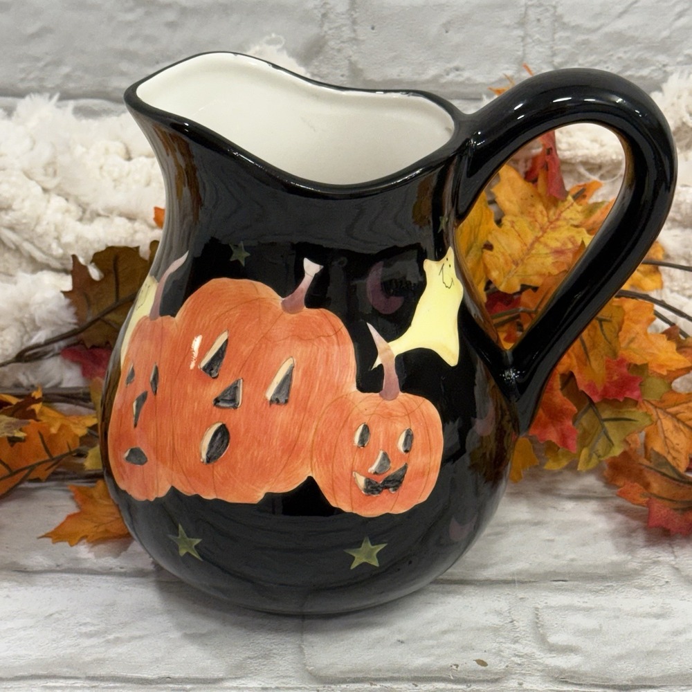 Halloween Spooky Jack-O-Lantern Pumpkin Black Ceramic Pitcher Ghost Moon Stars